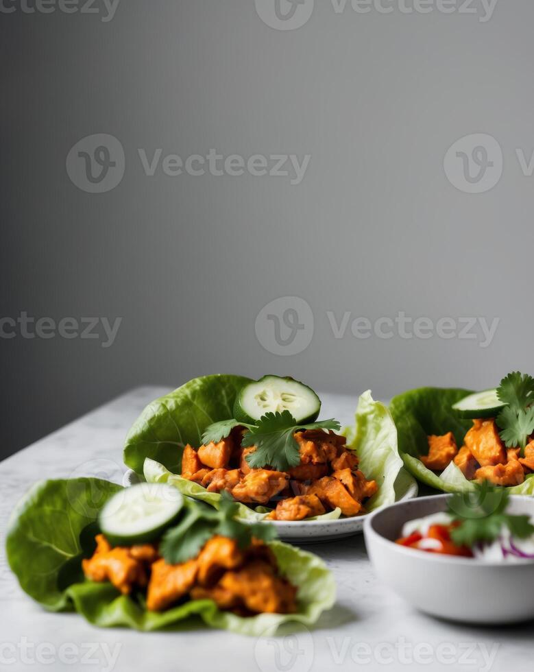 Spicy Buffalo Chicken Lettuce Wraps with Cucumber Slices and Cilantro photo