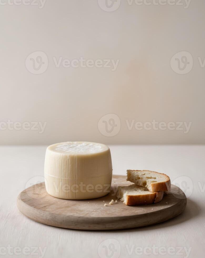 a cheese on a cutting board with a piece of bread on it photo