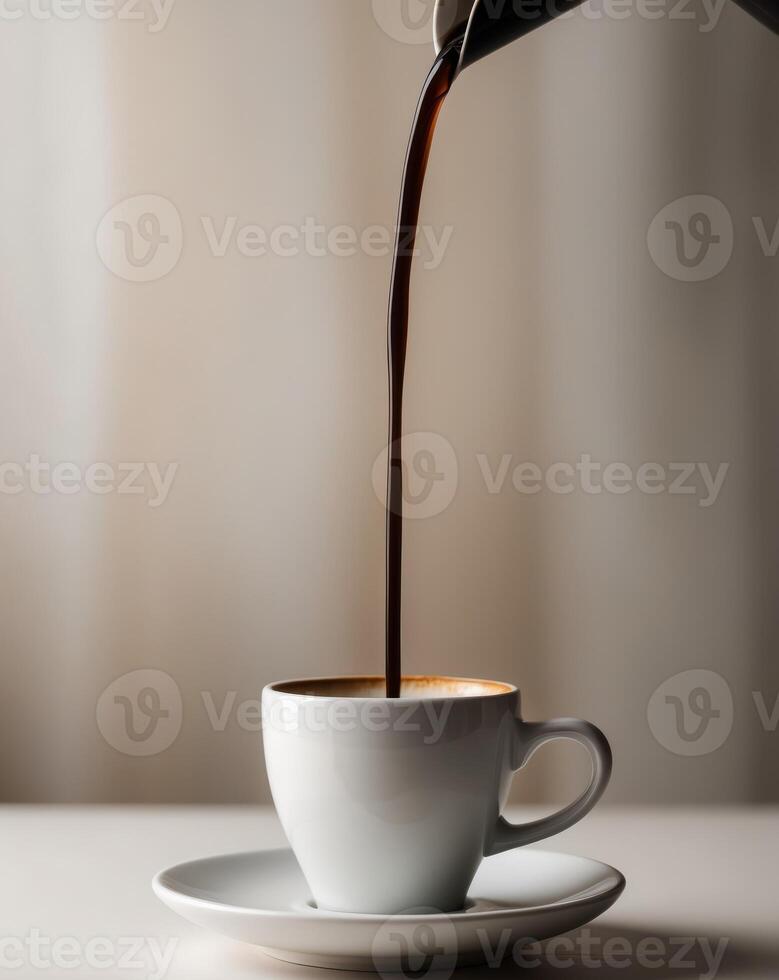 Espresso pouring into a white cup filling it slowly photo