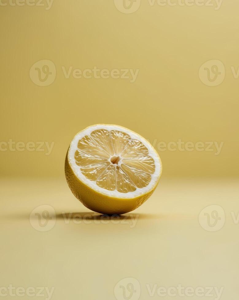 A yellow lemon is cut in half and placed on a yellow background photo