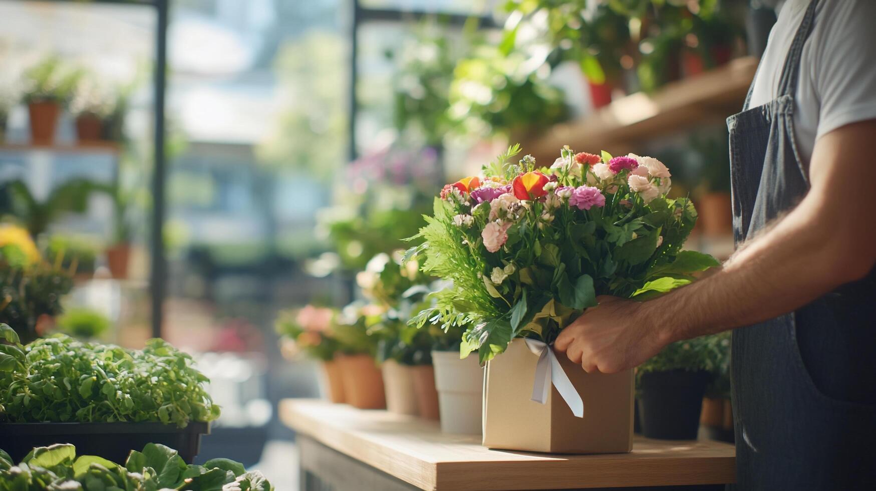 A florist arranging a colorful bouquet in a shop filled with plants. photo