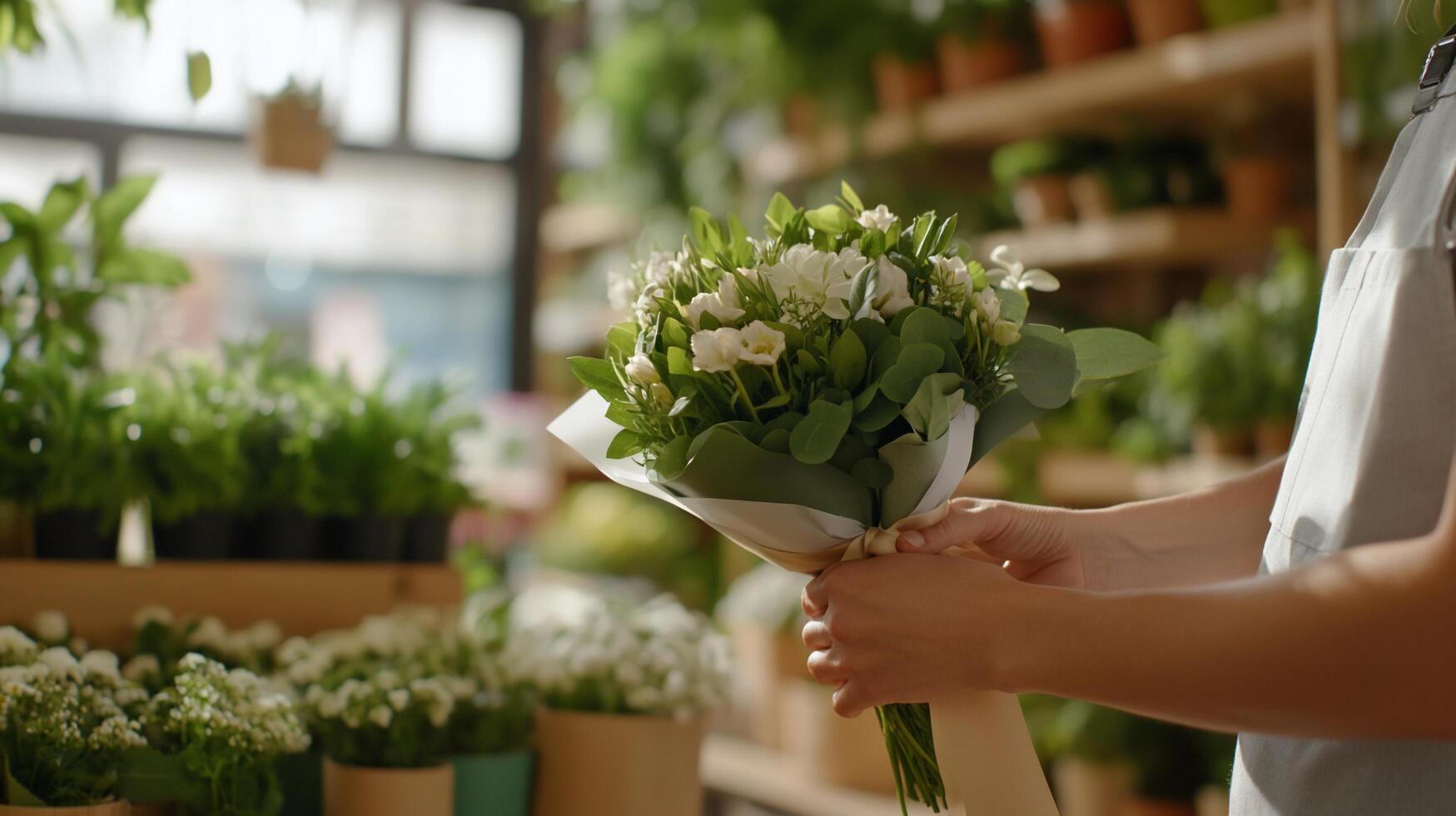 A person holding a bouquet of flowers in a vibrant flower shop. photo