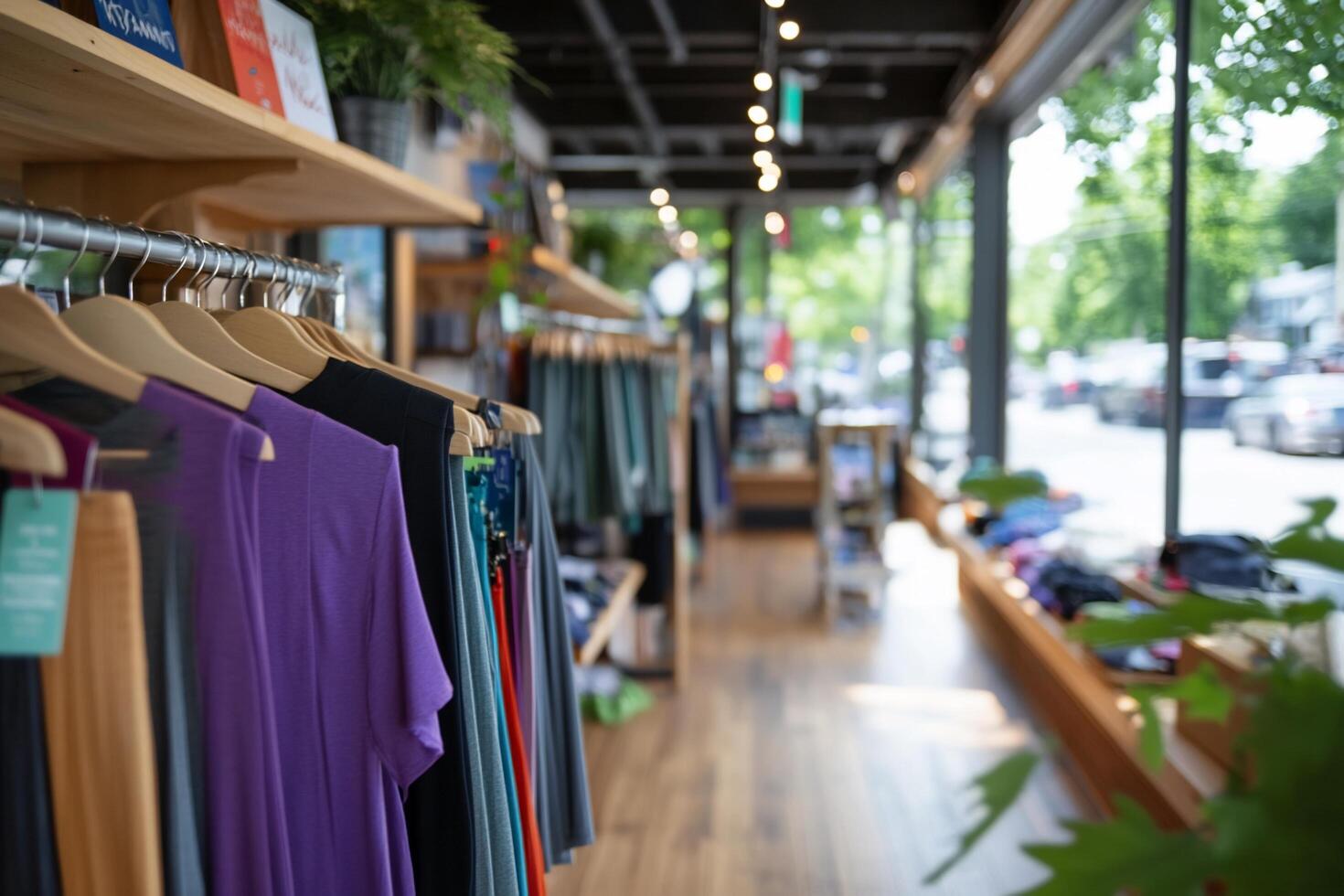 A retail store interior showcasing colorful clothing on display. photo