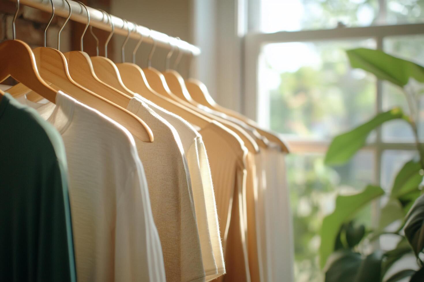 A row of neatly hung shirts in a sunlit room with a plant nearby. photo