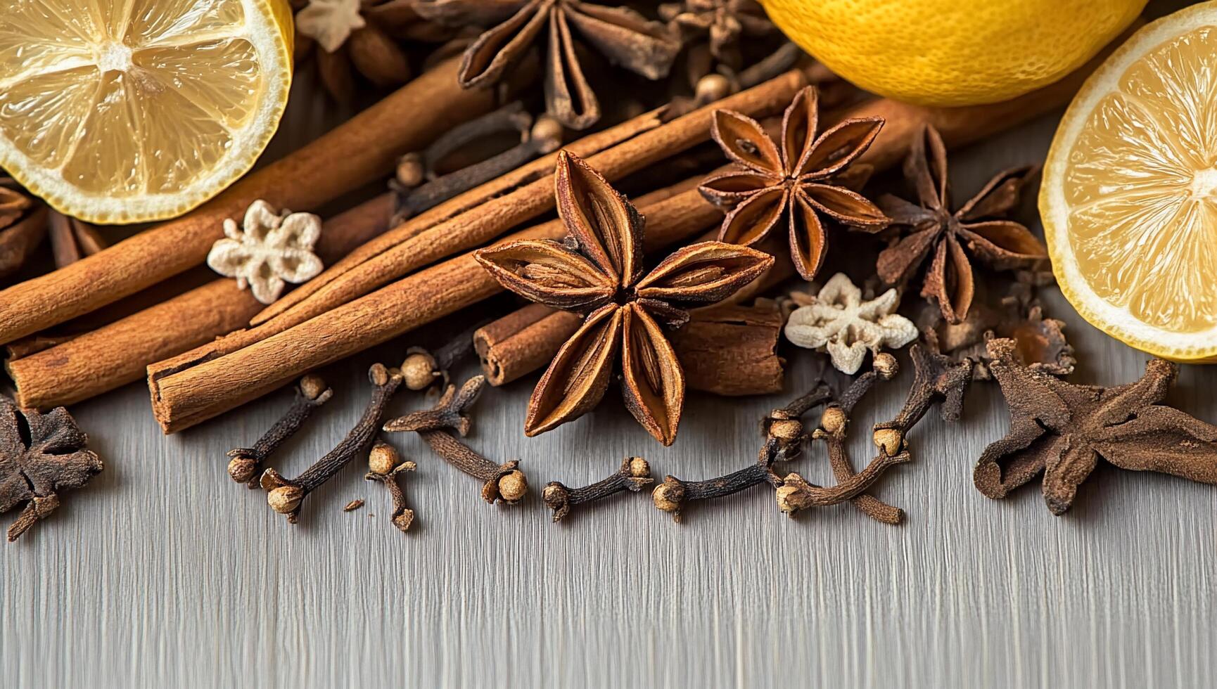 A vibrant arrangement of spices and lemon slices for culinary use. photo