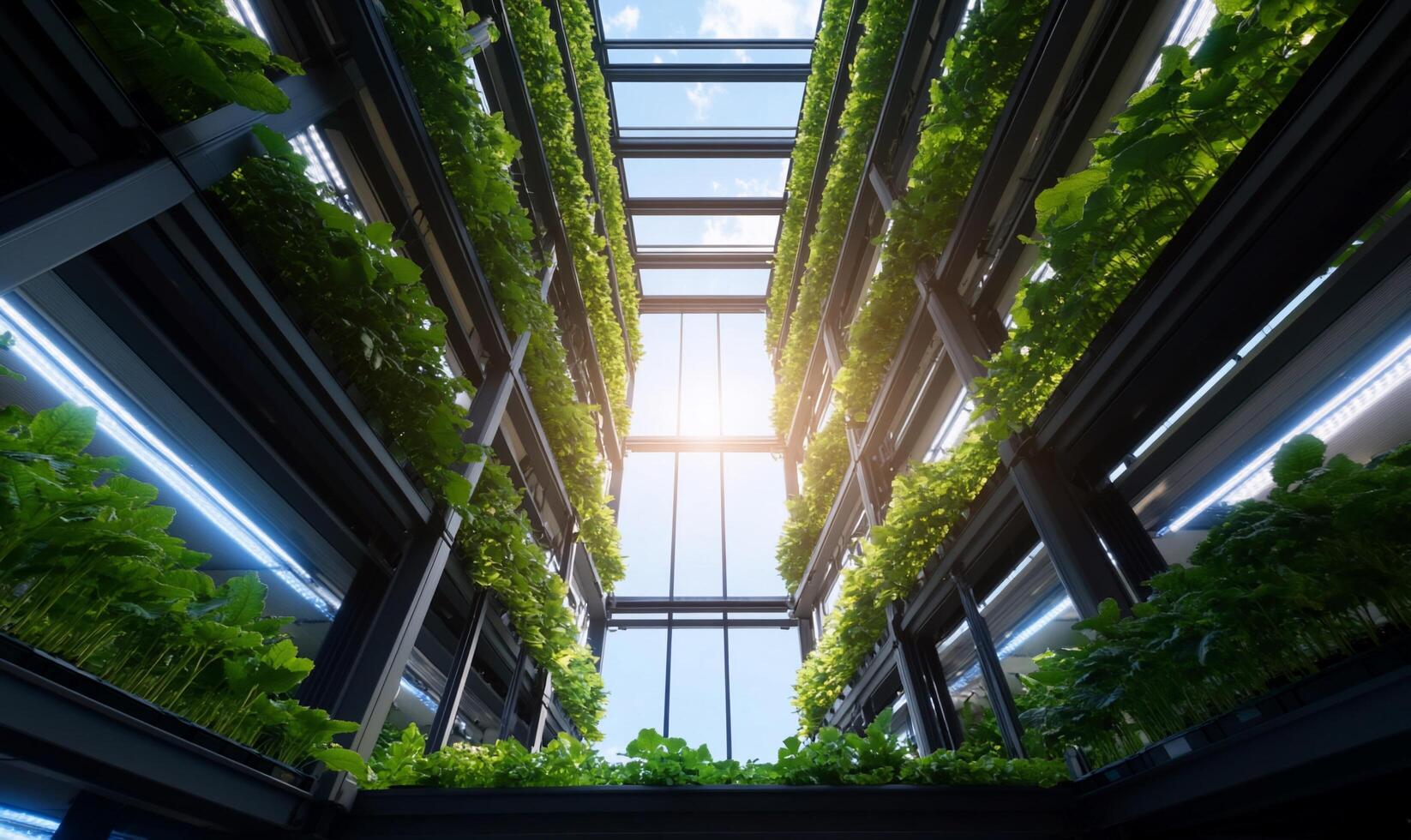 Indoor vertical farm with lush greenery and natural light. photo