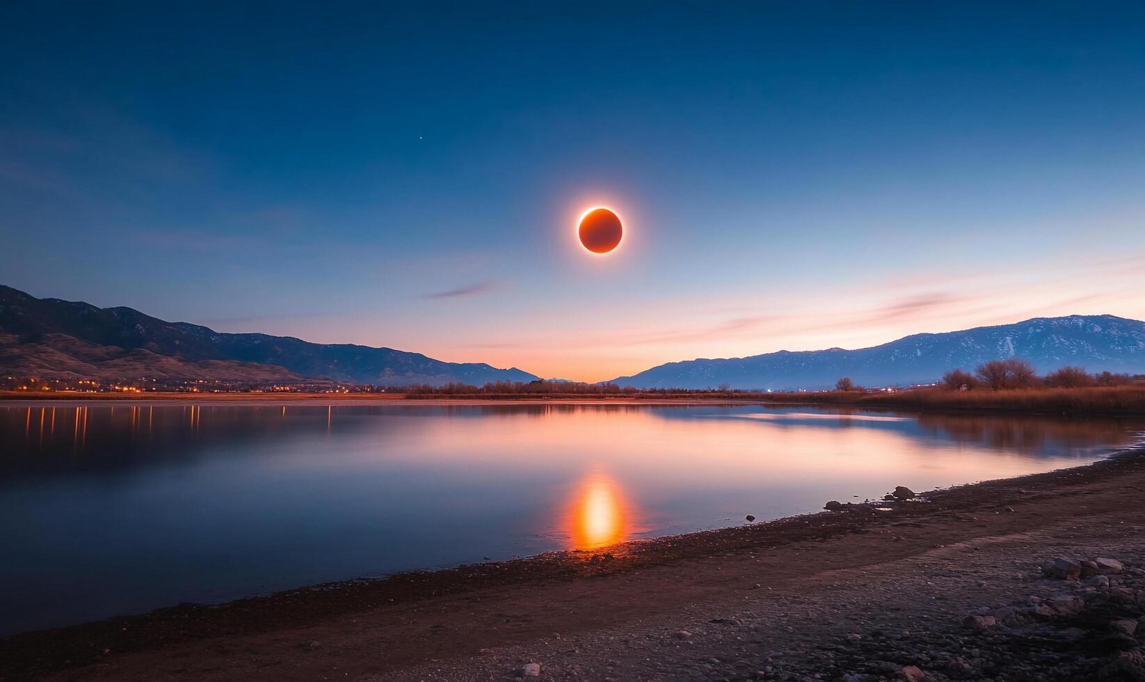 A serene landscape featuring a solar eclipse over a calm lake. photo