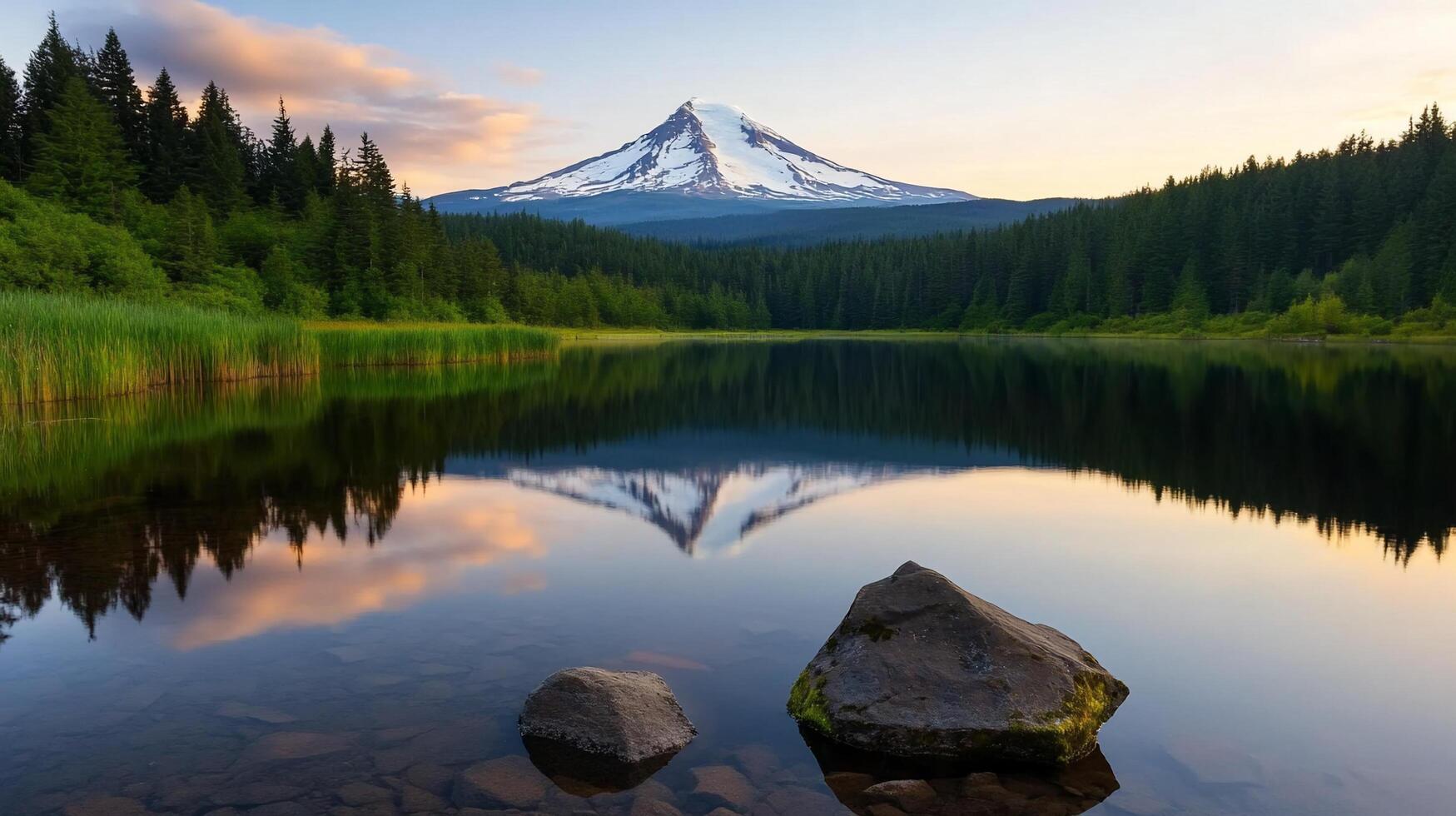 Serene landscape featuring a mountain reflecting in a calm lake. photo