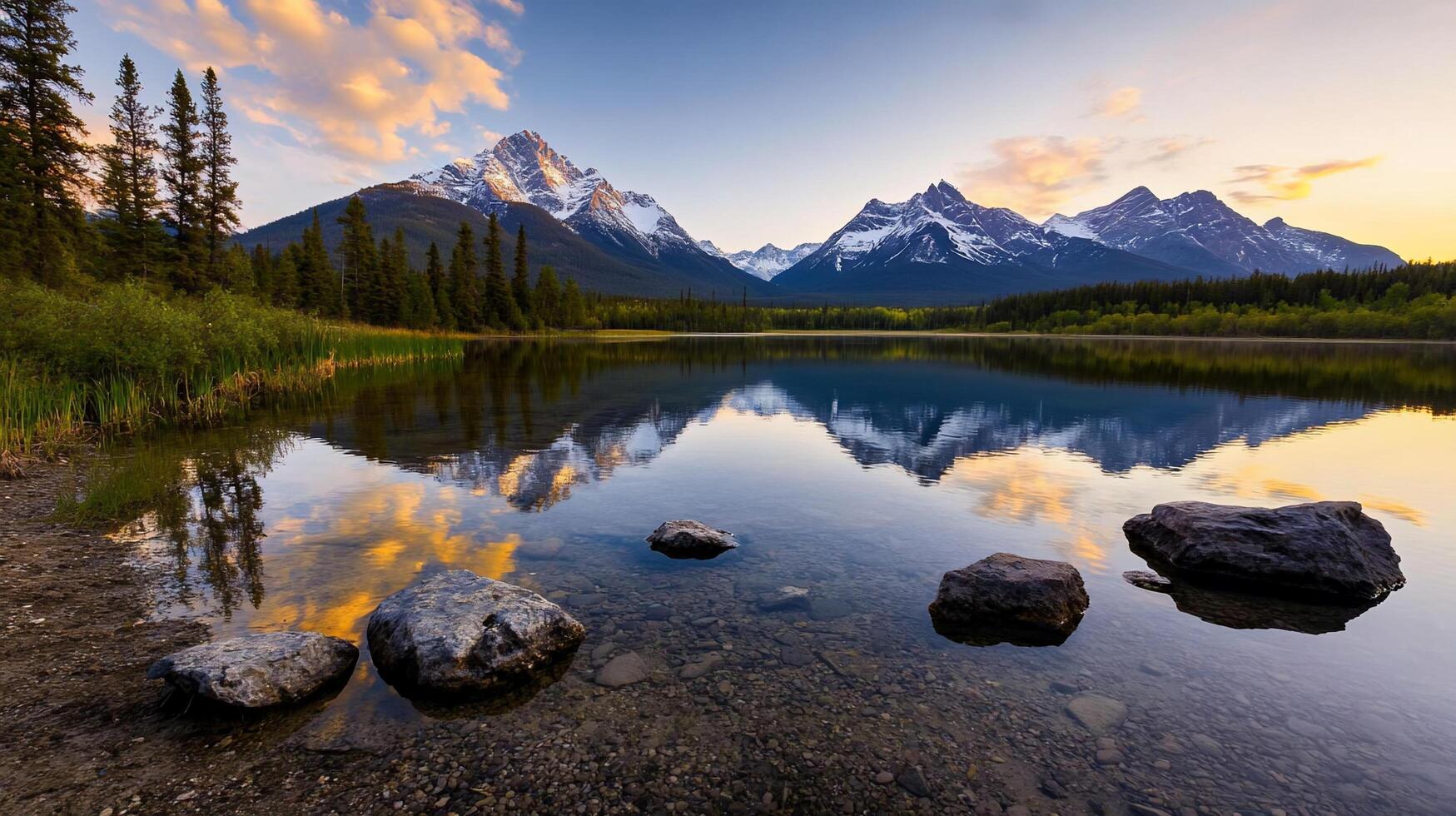 Serene mountain landscape reflecting in calm water at sunset. photo