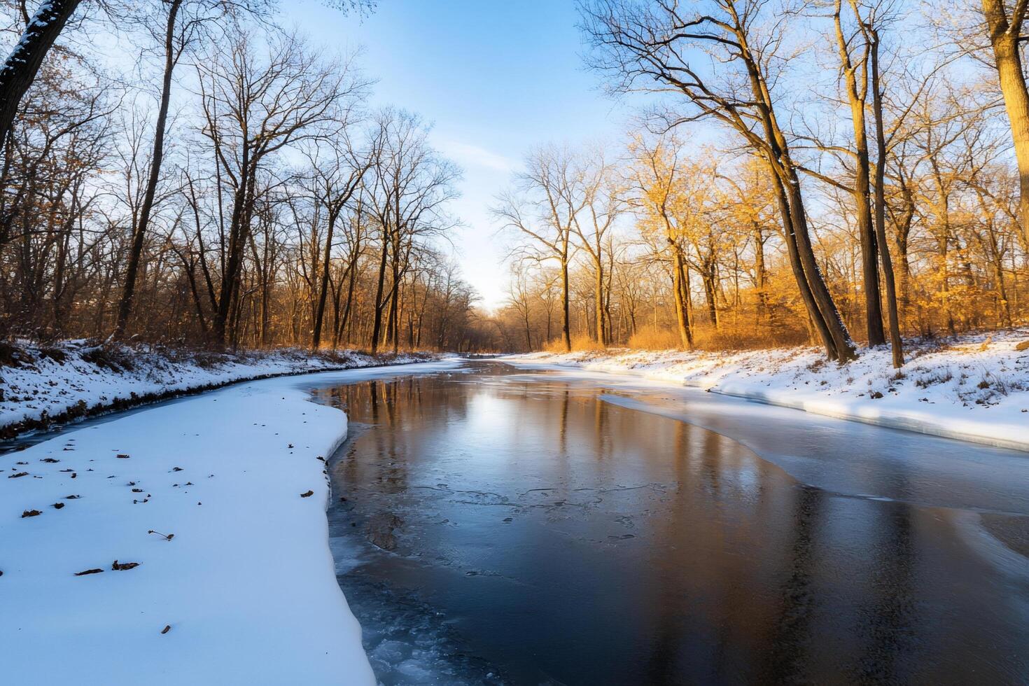 A serene winter landscape featuring a river bordered by snow and trees. photo