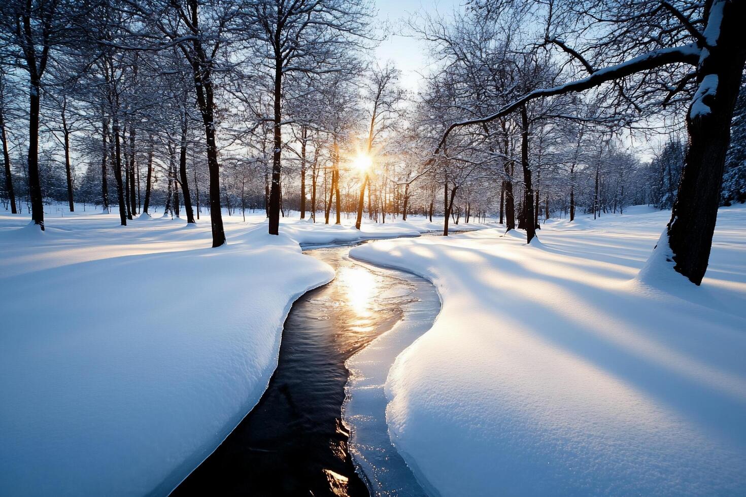 A serene winter landscape with a winding stream and snow-covered trees. photo