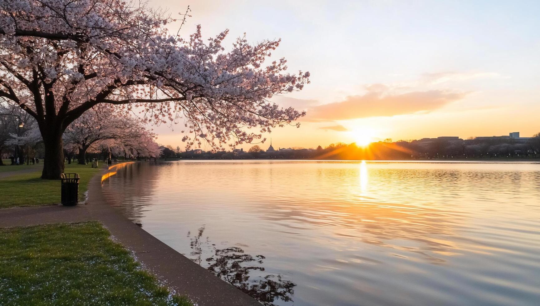 Serene sunset over a lake framed by cherry blossom trees. photo