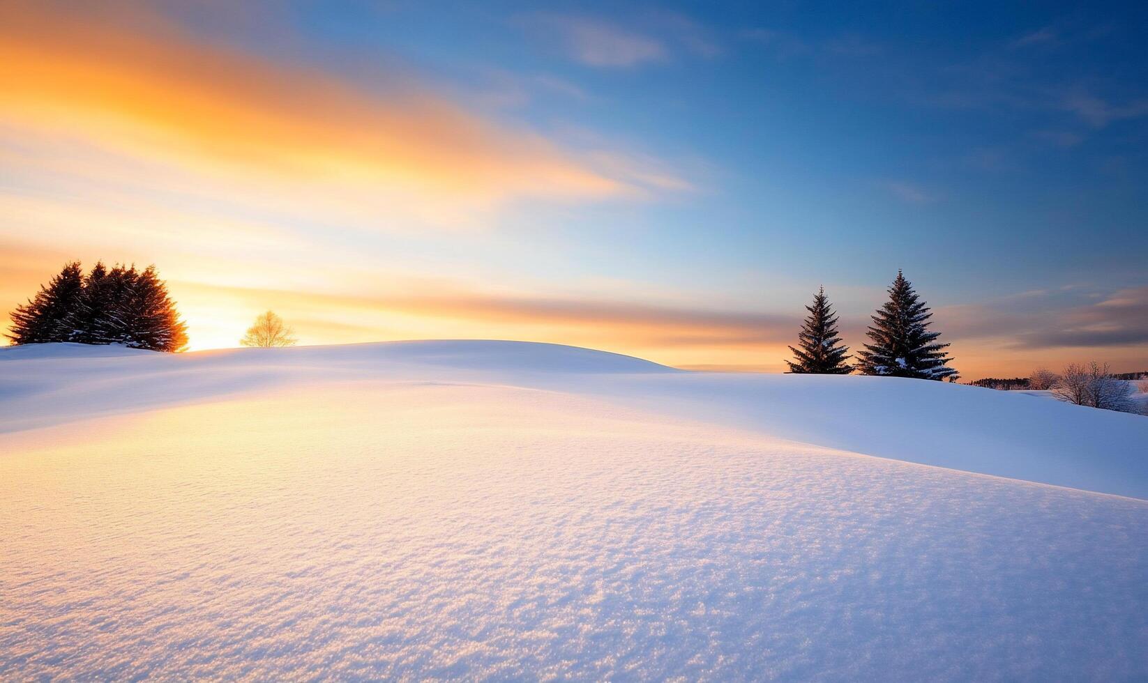 A serene winter landscape at sunset with snow-covered hills and trees. photo