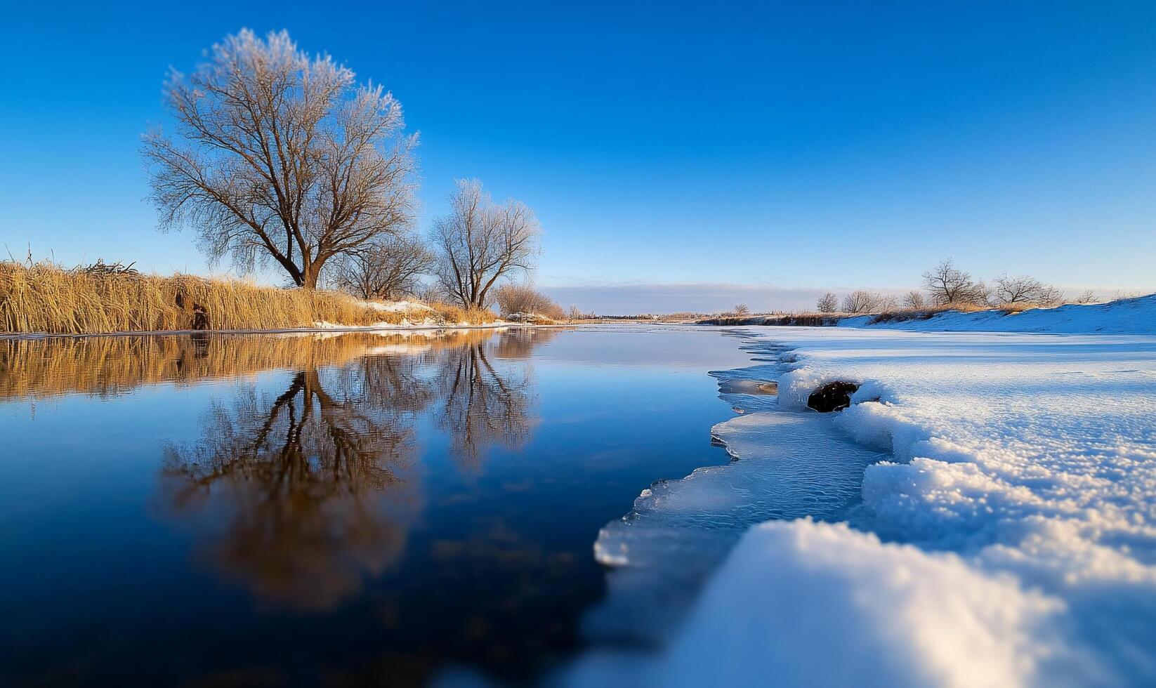 A serene winter landscape with a river, snow, and bare trees. photo