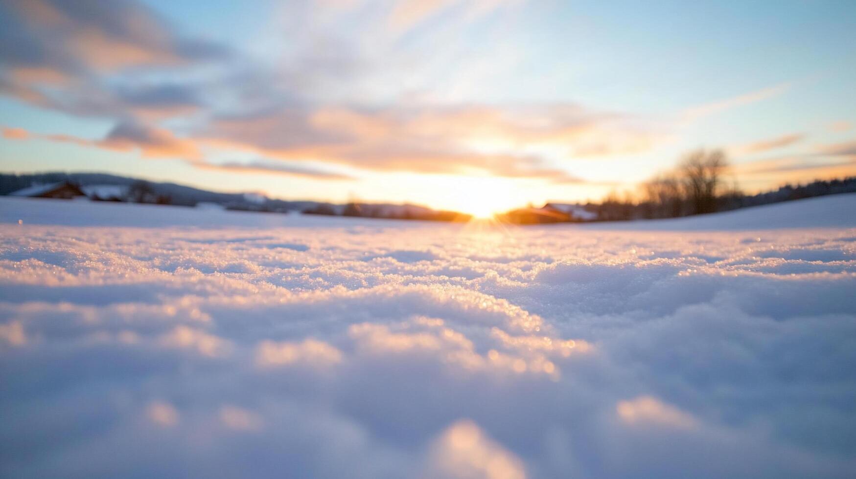 A serene winter landscape at sunset, highlighting snow-covered ground. photo