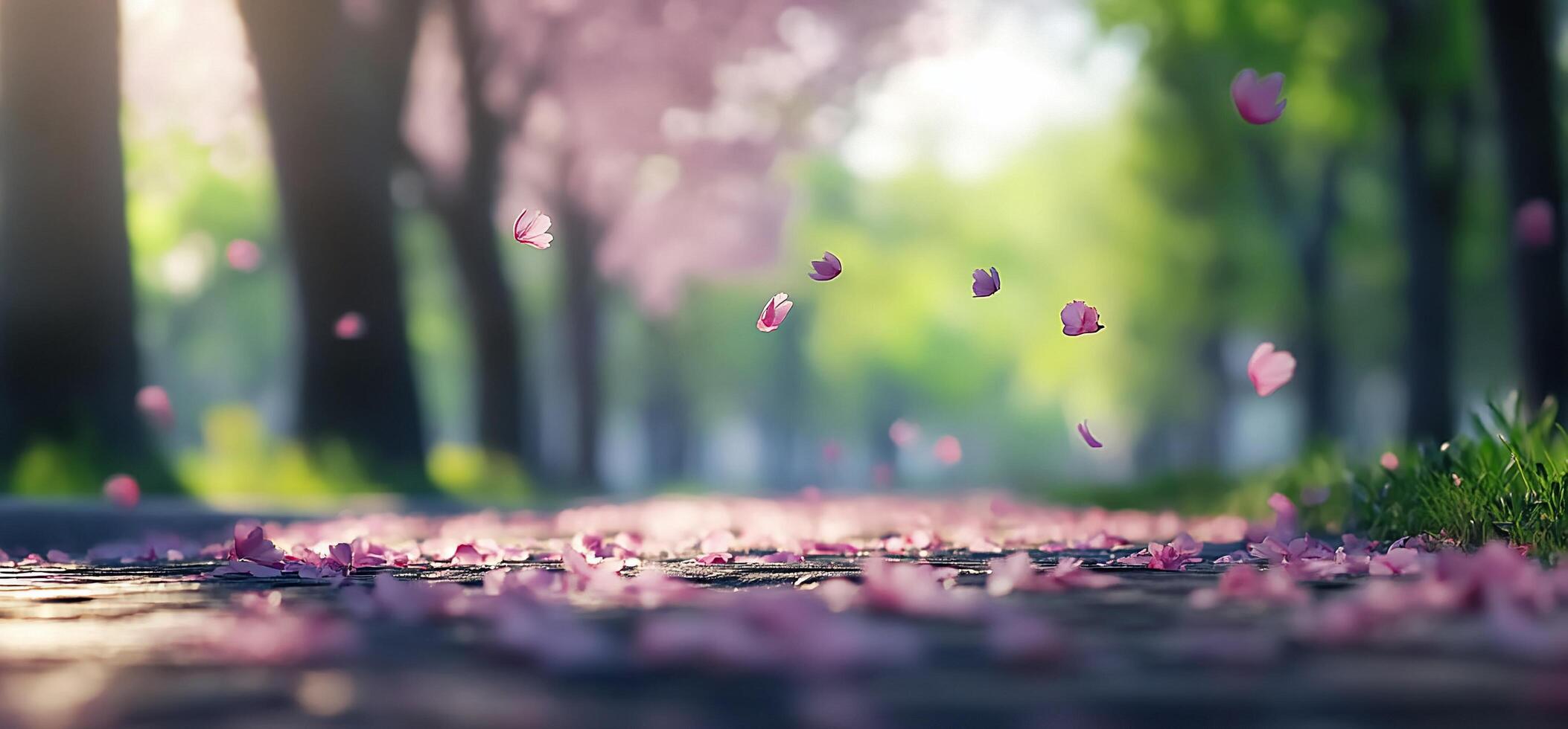 A serene pathway adorned with pink flower petals and lush greenery. photo