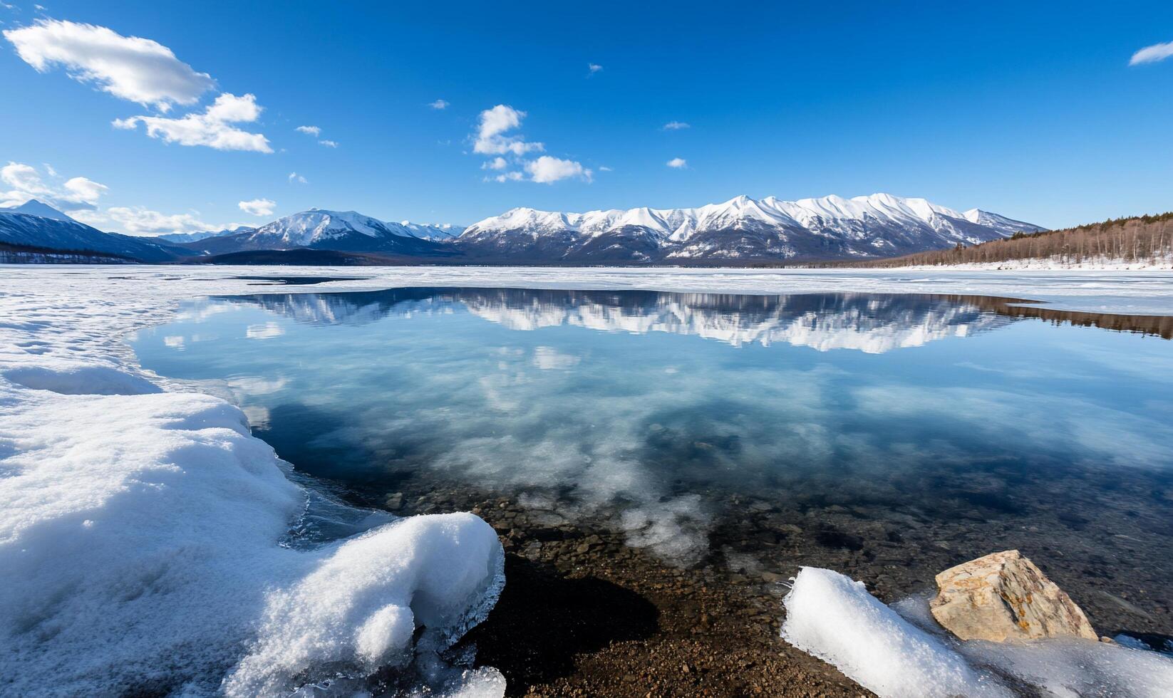Serene winter landscape with a frozen lake and snow-capped mountains. photo