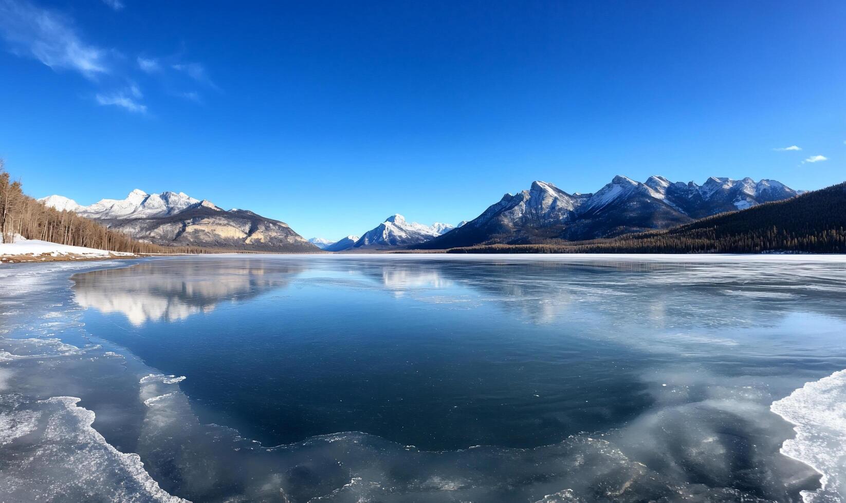 A serene winter landscape featuring a frozen lake and mountains. photo
