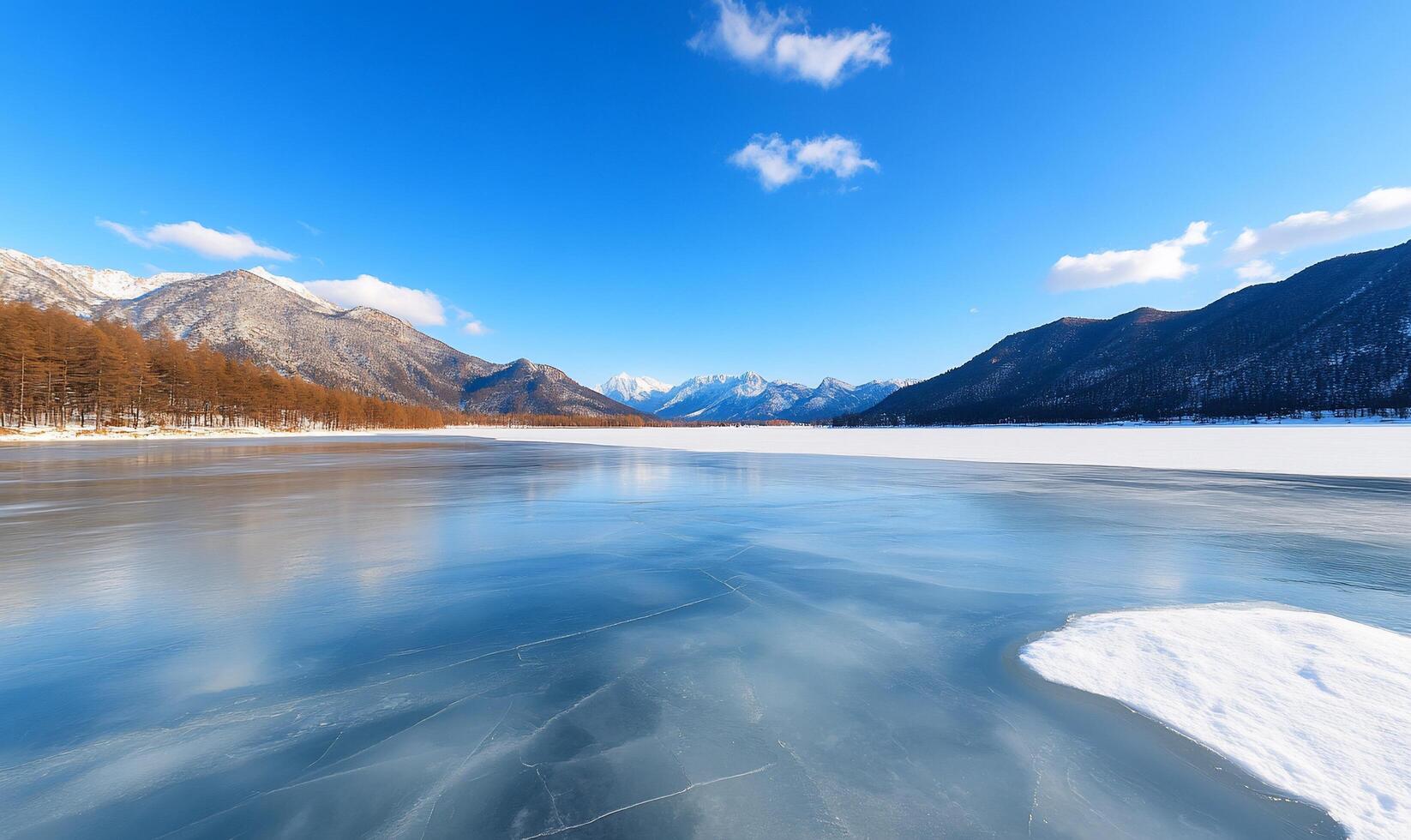 A serene winter landscape with a frozen lake and mountains in the background. photo