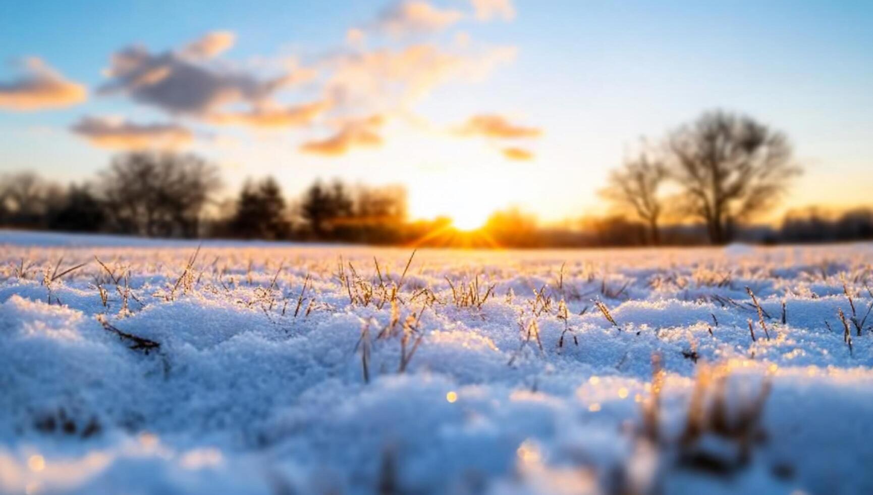 A serene winter landscape at sunset, showcasing snow-covered ground. photo