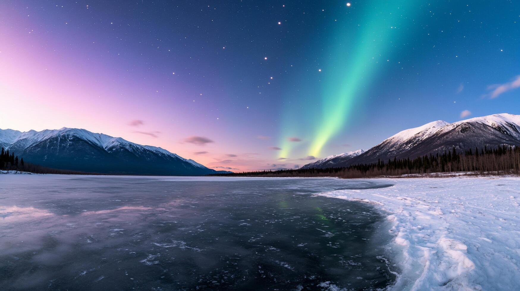 Stunning aurora borealis over a frozen lake and mountains at twilight. photo