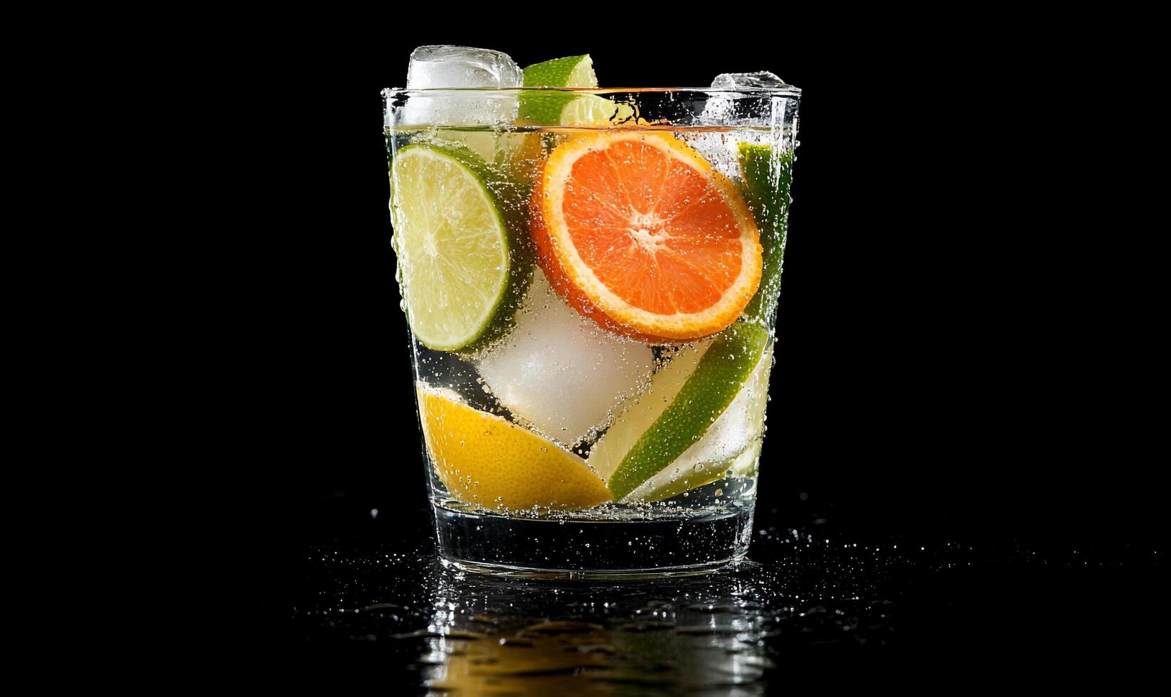 A refreshing drink with ice and citrus fruits in a glass. photo
