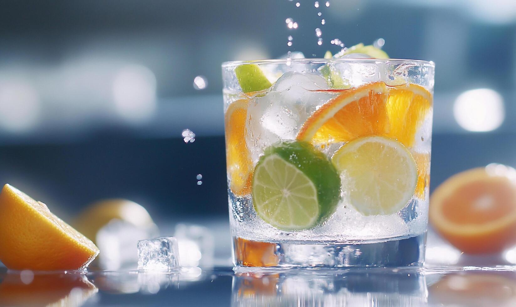 A refreshing cocktail with citrus fruits and ice in a glass. photo