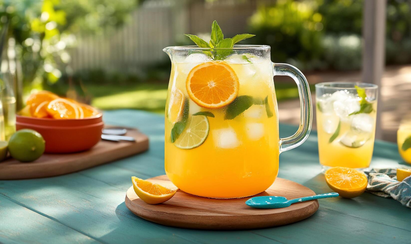 A refreshing pitcher of citrus drink garnished with mint and ice. photo