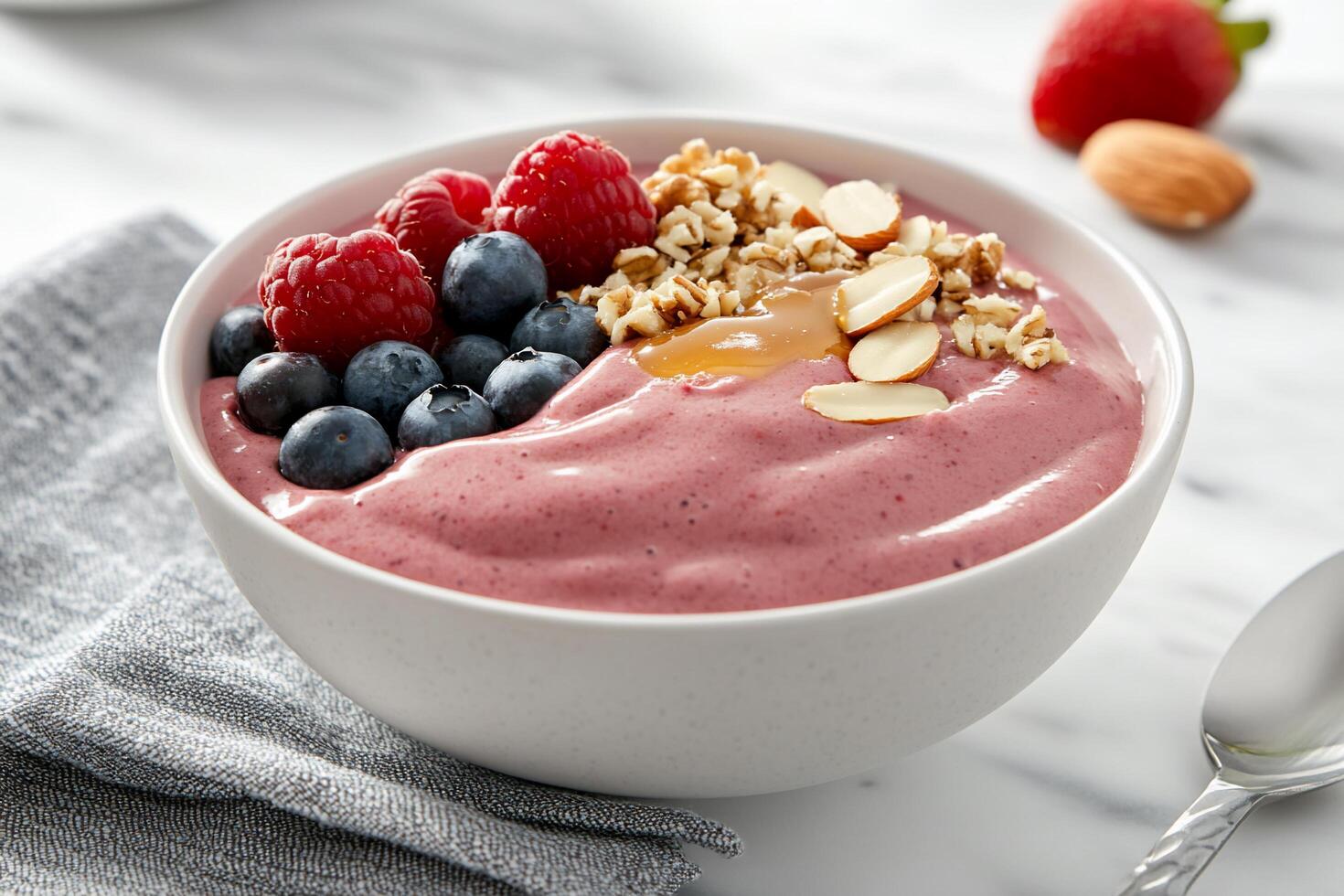 A bowl of smoothie topped with berries, nuts, and granola. photo