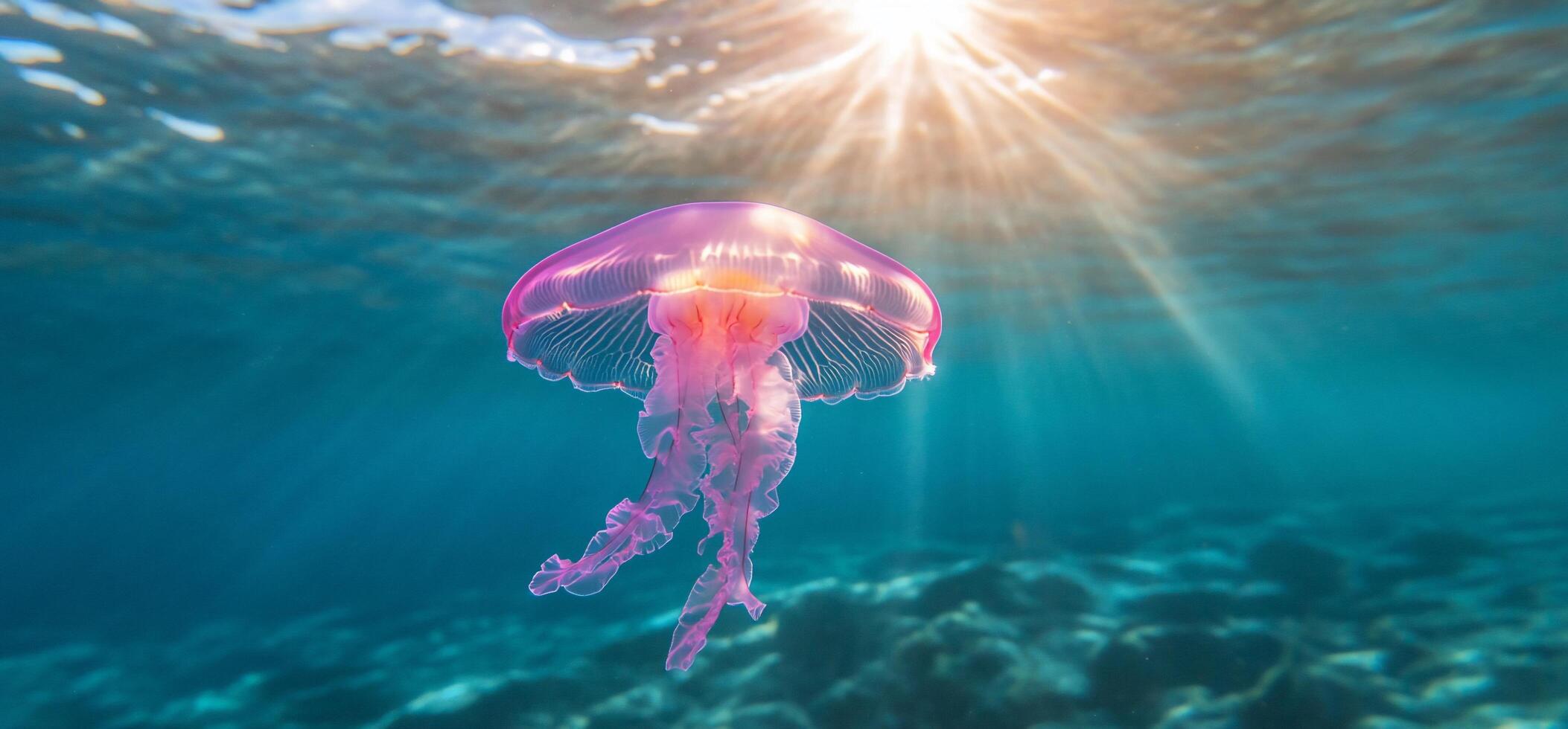A vibrant jellyfish swims gracefully in sunlit ocean waters. photo