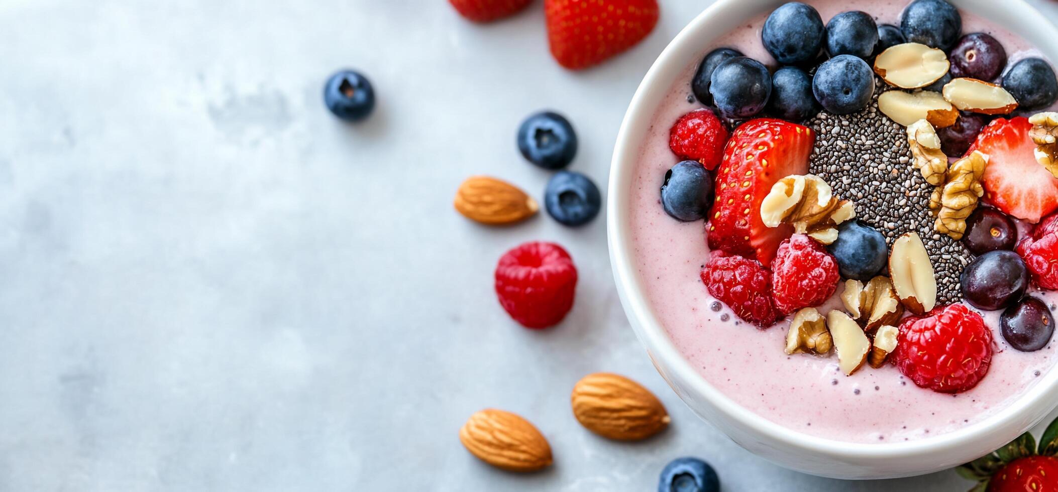 A colorful smoothie bowl topped with berries, nuts, and seeds. photo