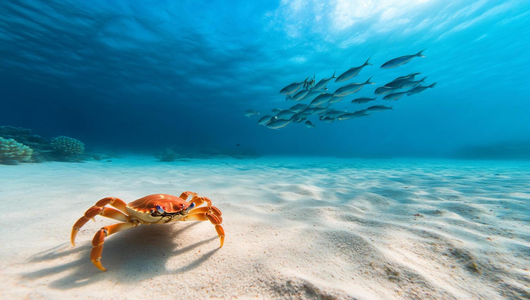 Underwater scene featuring a crab and a school of fish. photo