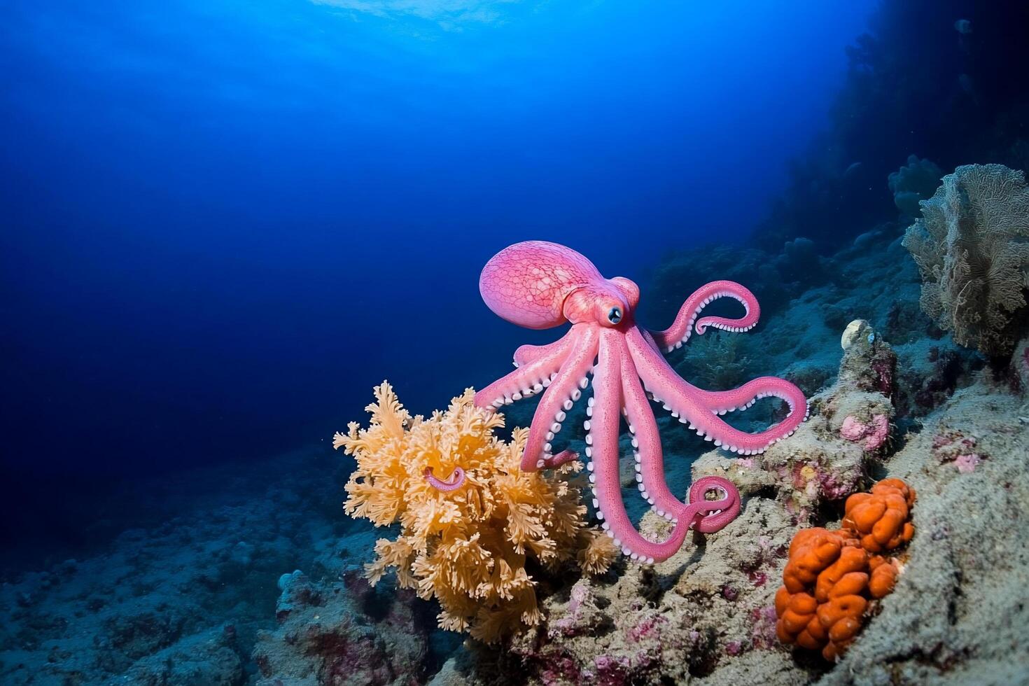 A vibrant pink octopus among colorful coral in a clear ocean. photo