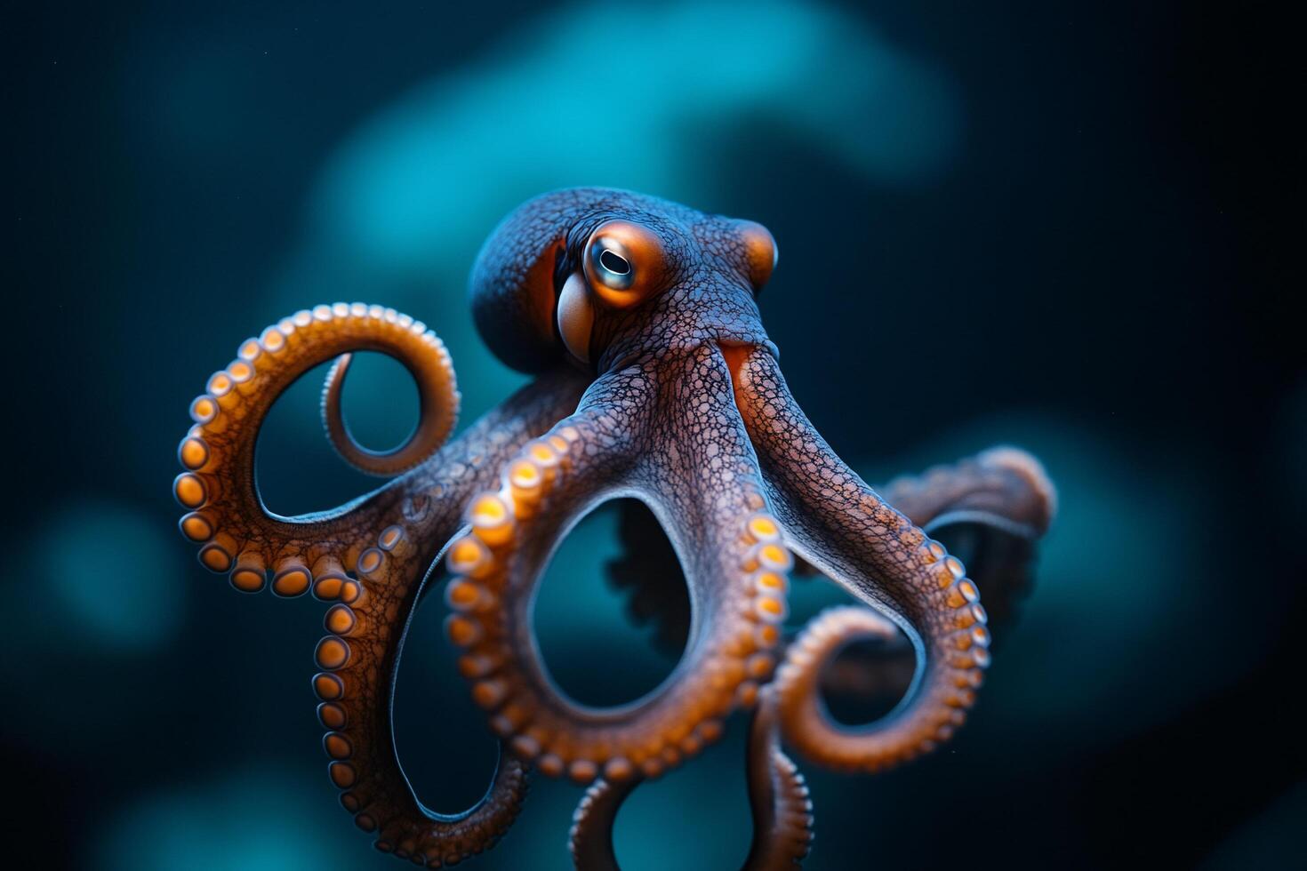A vibrant octopus gracefully swimming in deep blue waters. photo