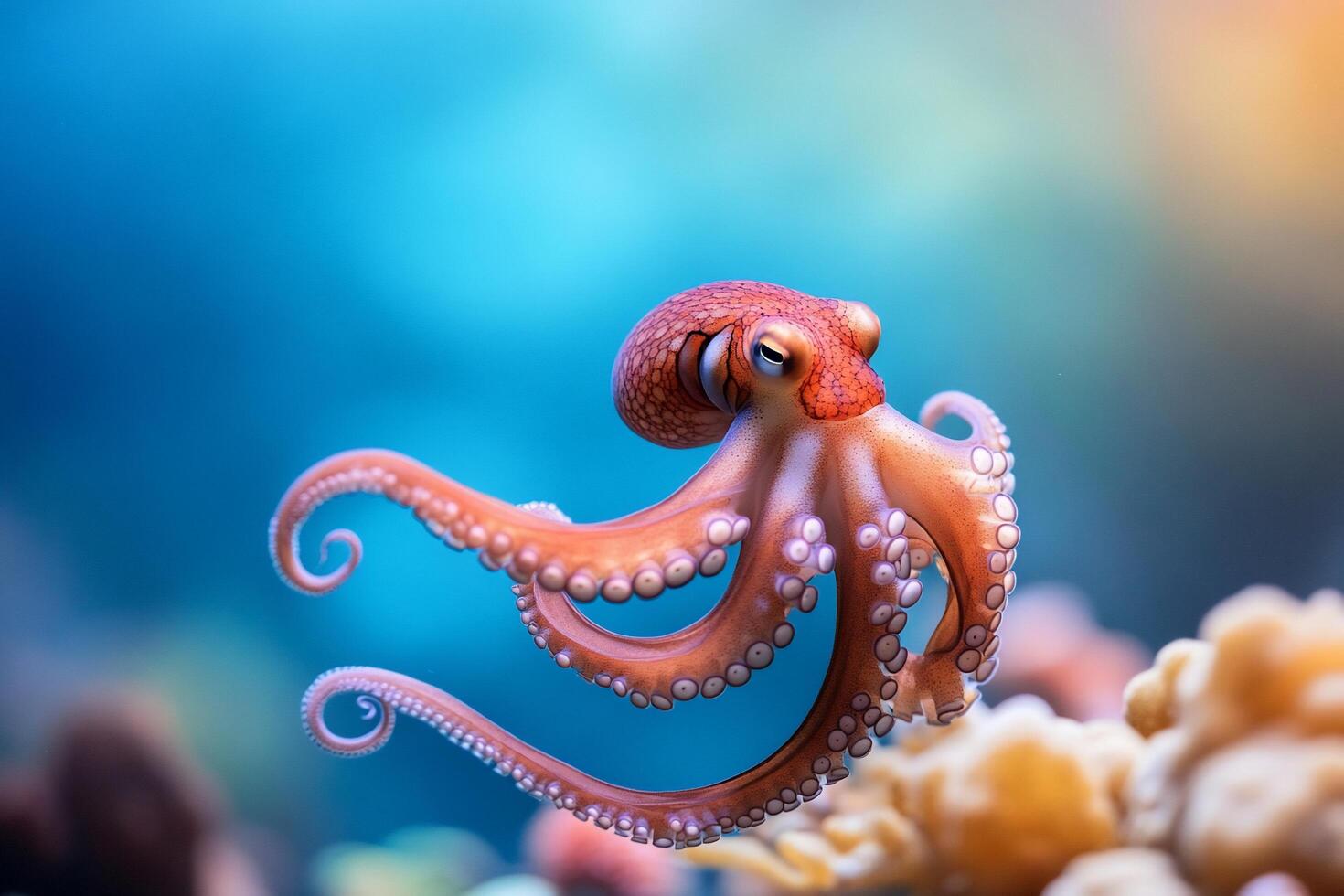 A vibrant octopus gracefully swimming among coral reefs. photo