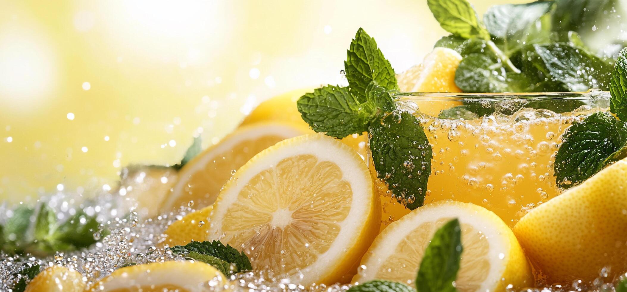 Fresh lemons and mint surrounded by sparkling water create a refreshing scene. photo