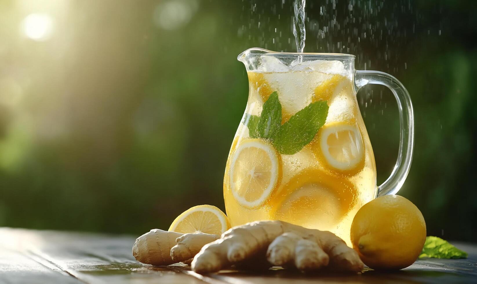 Refreshing ginger lemonade in a pitcher with mint and lemon slices. photo