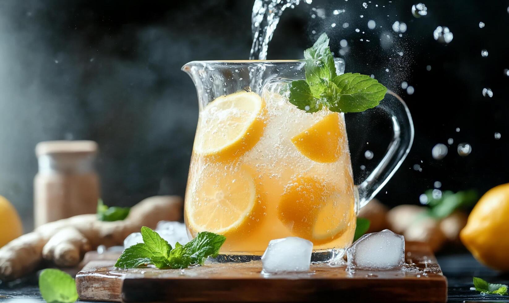 Refreshing beverage with lemon slices and mint in a glass pitcher. photo
