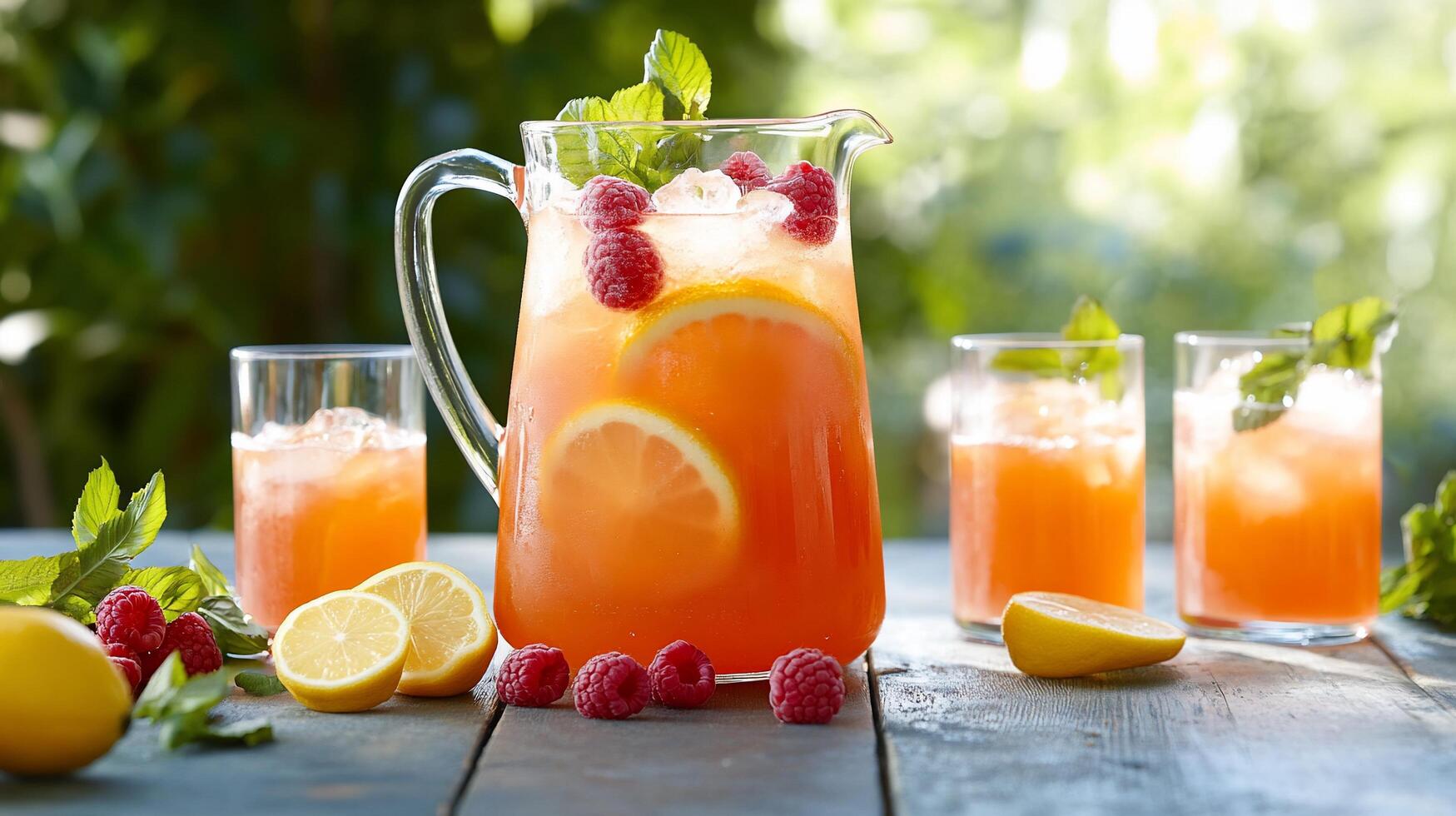 A refreshing pitcher of fruit-infused drink with garnishes. photo