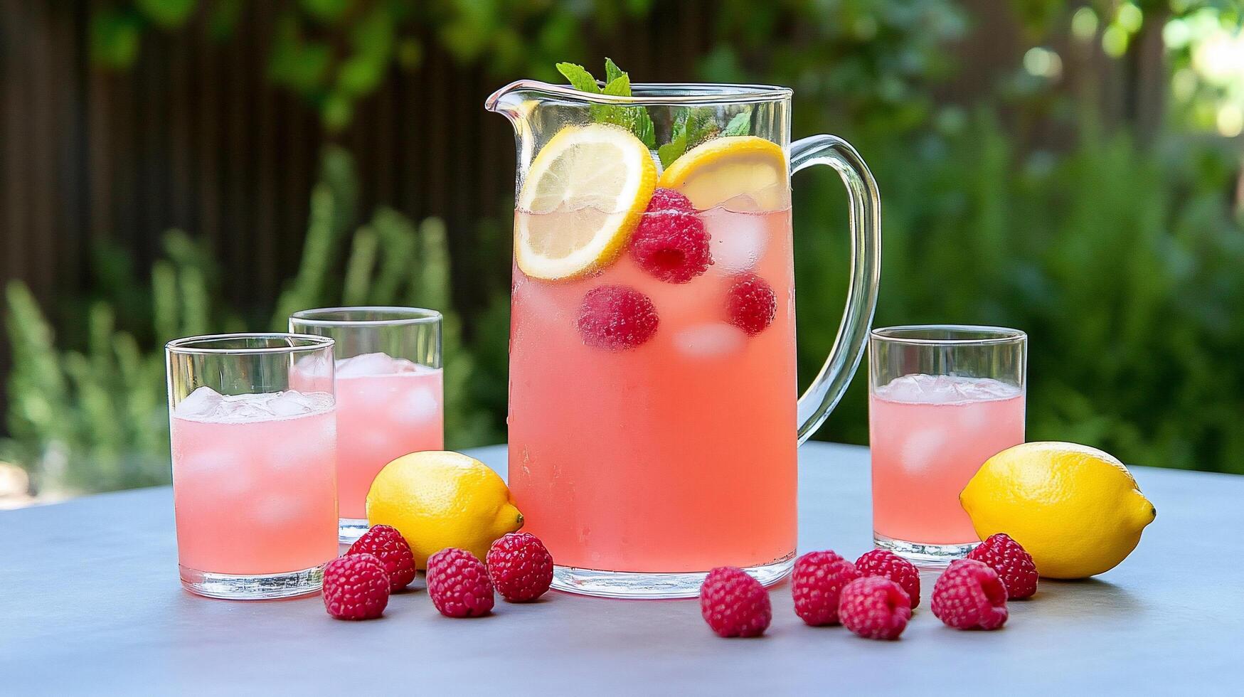 Refreshing raspberry lemonade served in a pitcher with ice and lemons. photo