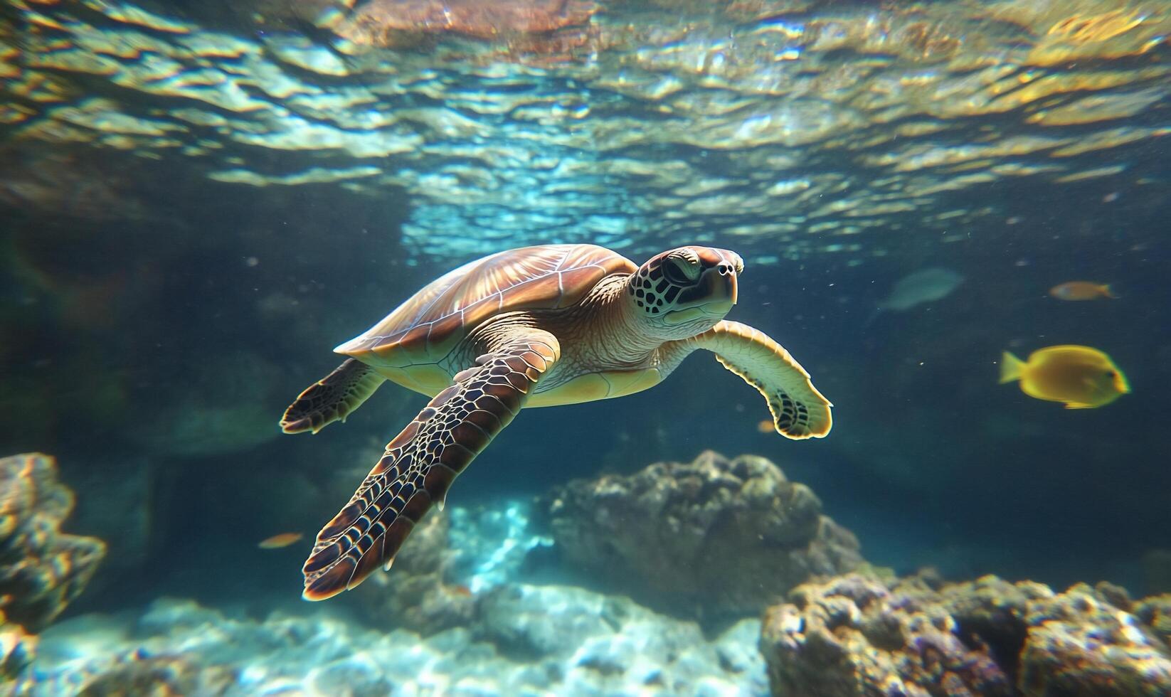 A sea turtle gracefully swimming underwater amidst colorful marine life. photo