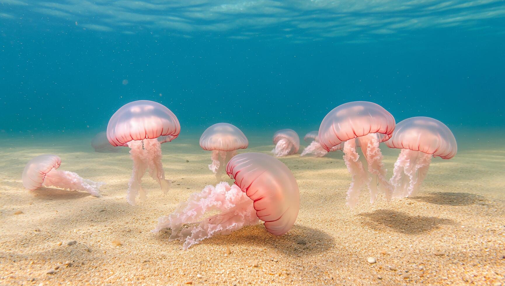 Underwater scene featuring several jellyfish gracefully swimming. photo
