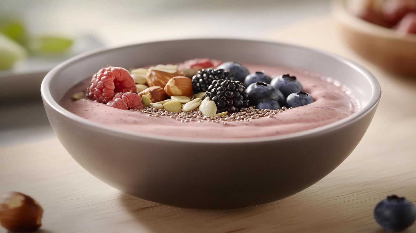 A bowl of smoothie topped with berries, nuts, and seeds. photo
