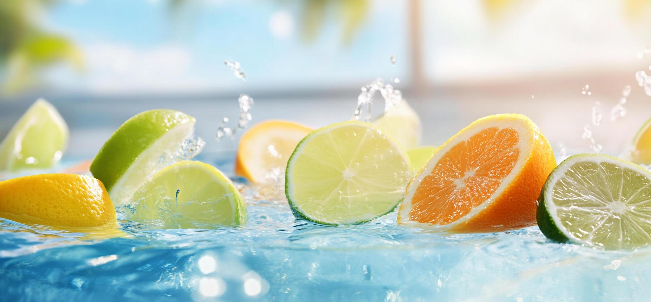 Fresh citrus fruits splashing in water, evoking a refreshing vibe. photo