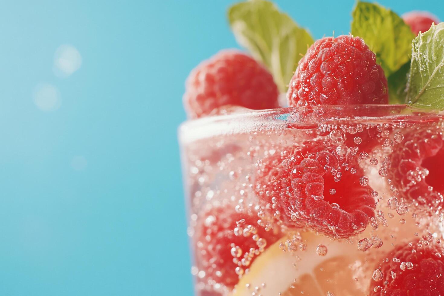Refreshing beverage with raspberries and mint in a glass. photo