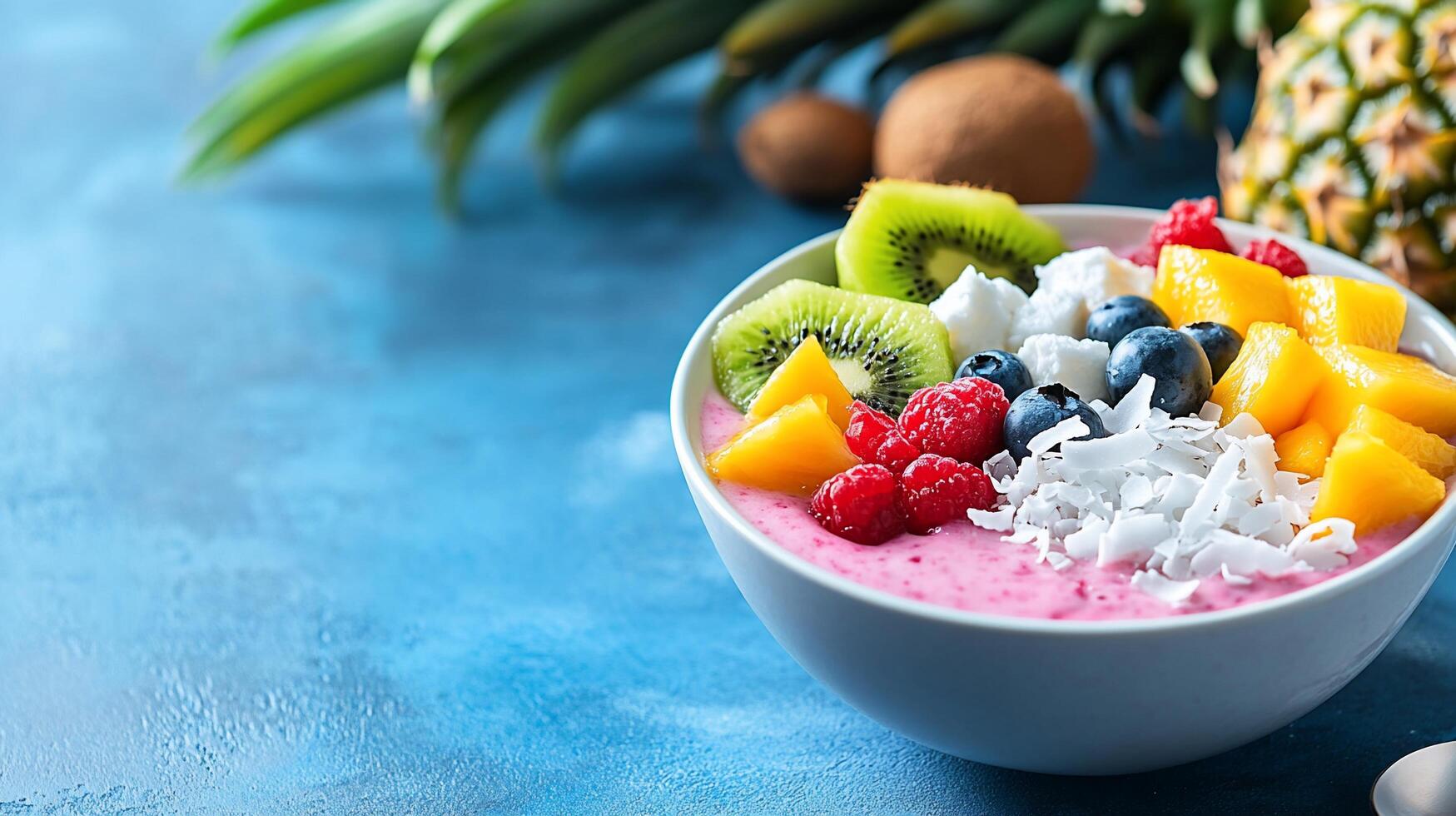 A colorful fruit bowl with yogurt, topped with various fresh fruits. photo