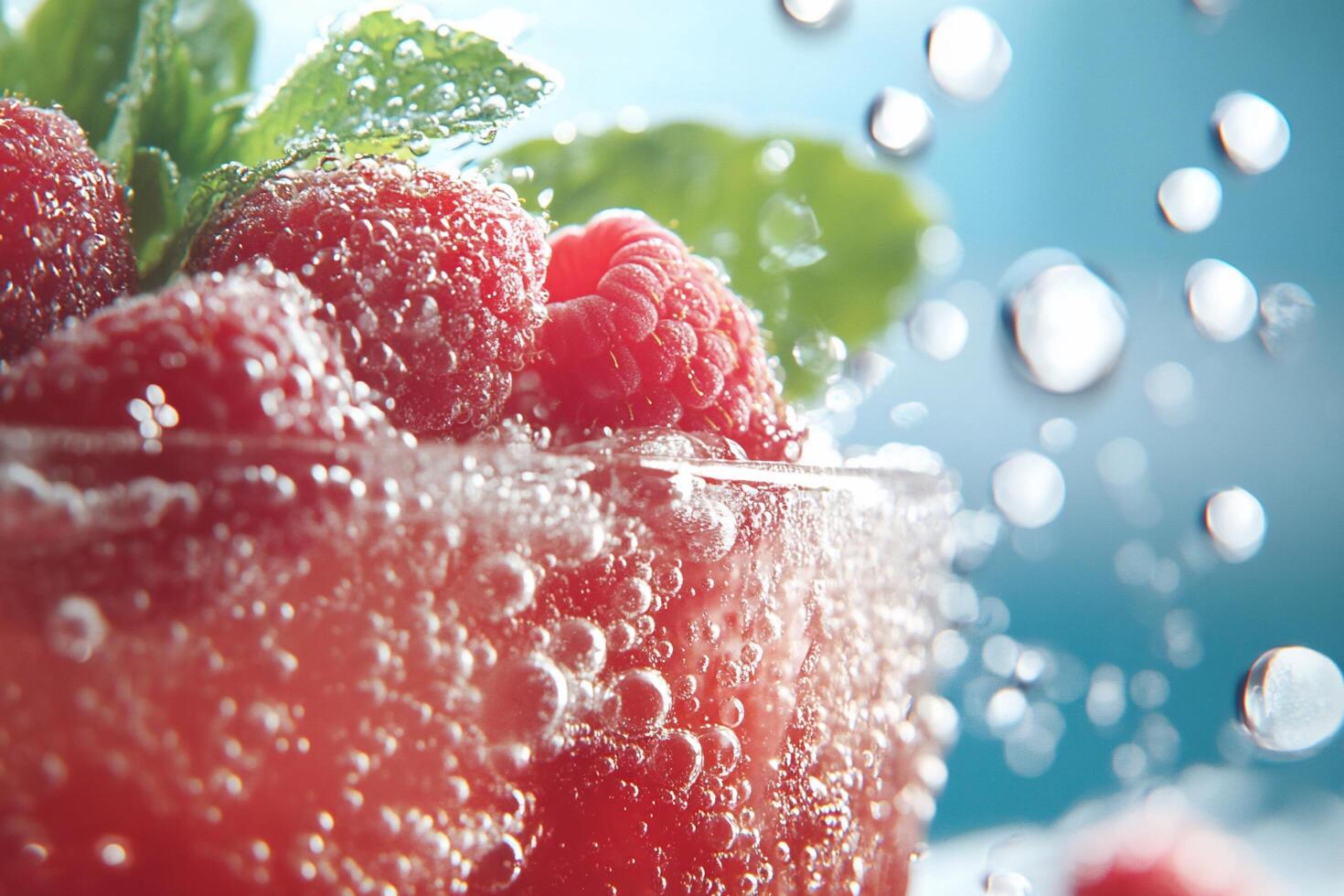 Refreshing drink with raspberries and mint in a bubbly glass. photo