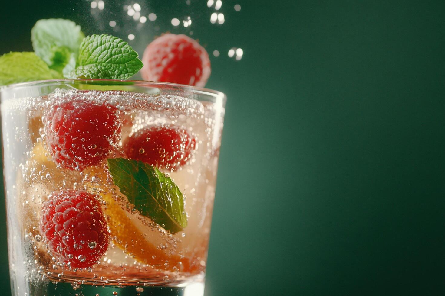 A refreshing drink with raspberries and mint, bubbles rising. photo