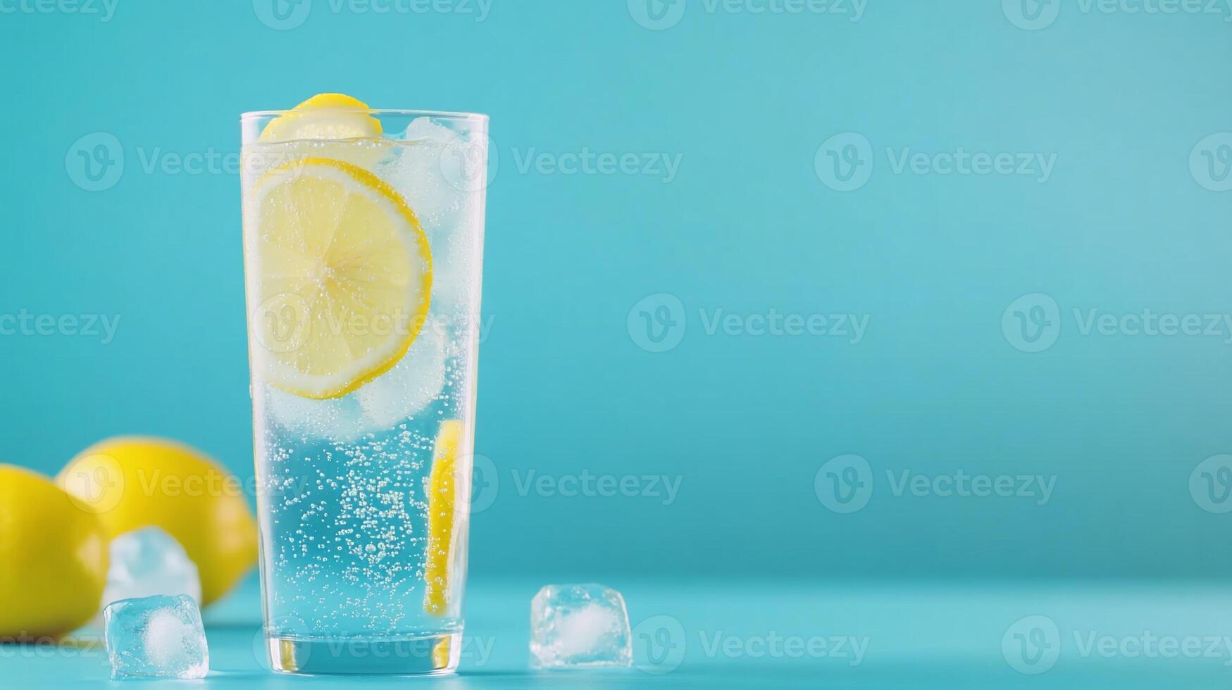 A refreshing glass of lemonade with ice and lemons against a blue background. photo