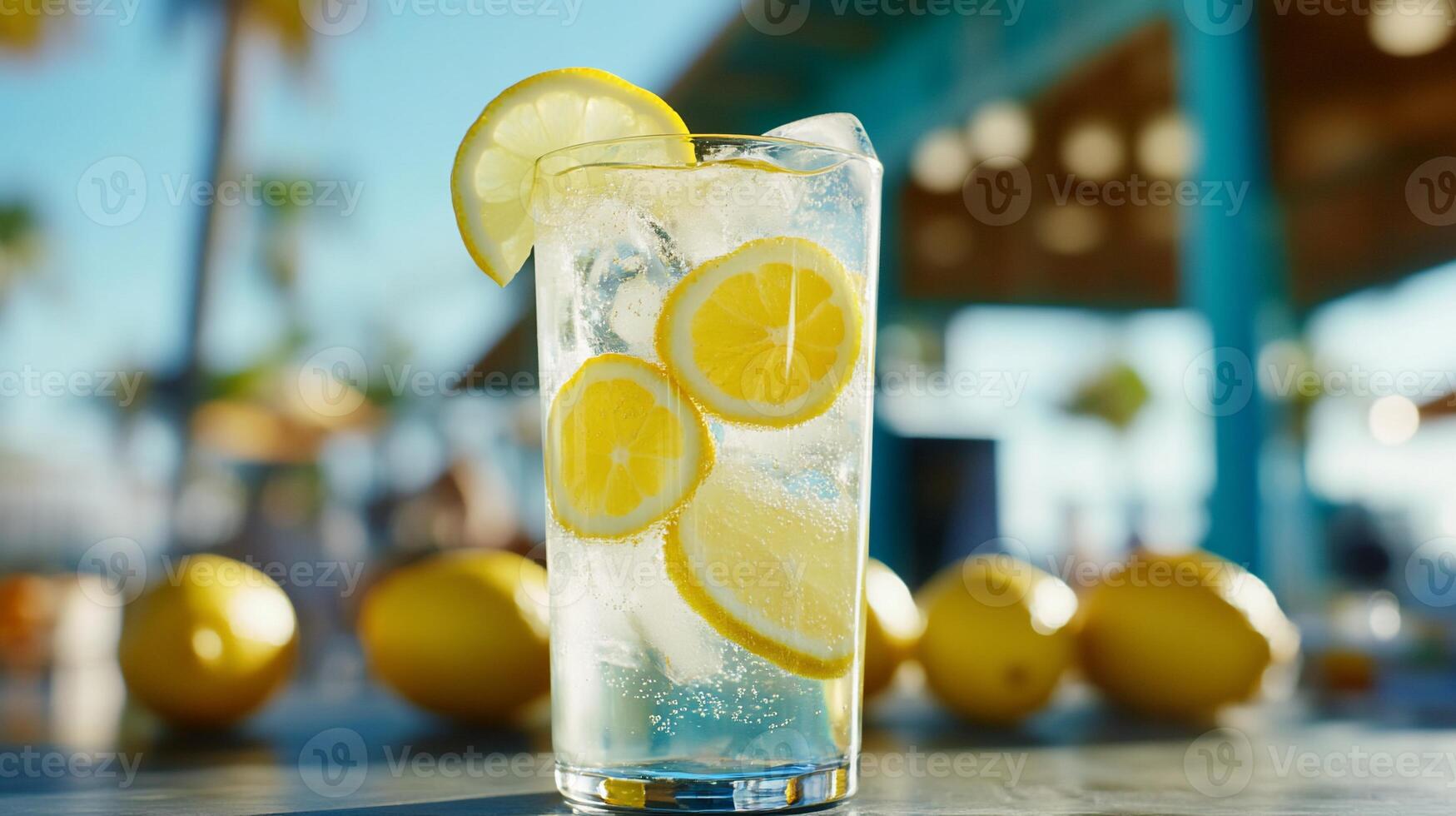 A refreshing lemonade drink with lemon slices on a sunny outdoor table. photo